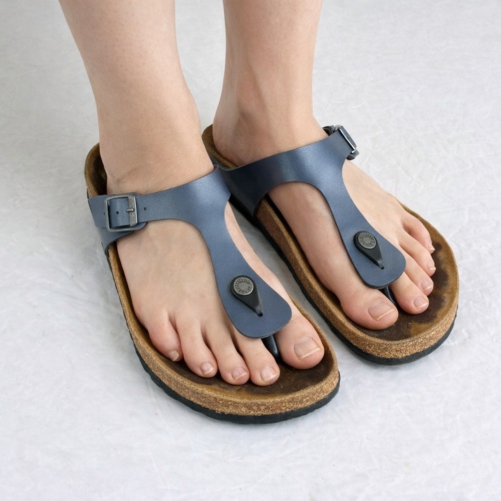 Birkenstock Gizeh Sandals Women 39 US 8.5 Blue Gray‎ Metallic Comfort Shoes Boho